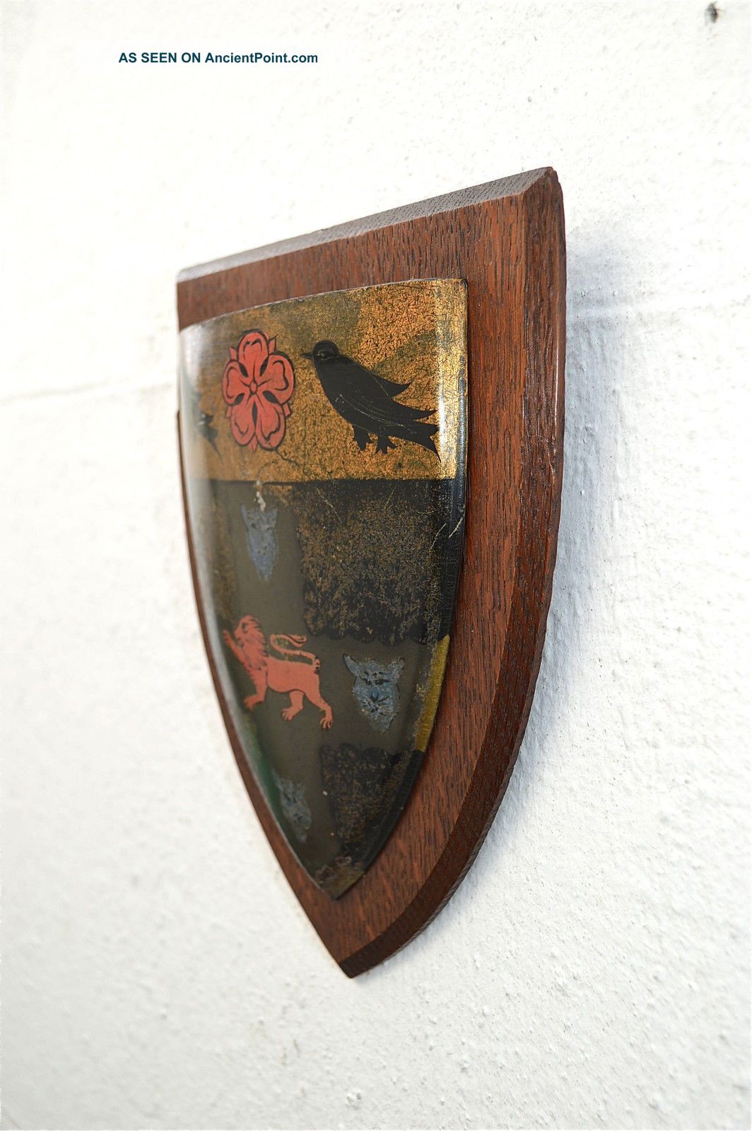 Antique Armorial Wall Shield Plaque Coat Of Arms Metal & Oak Ravens Other Antique Woodenware photo