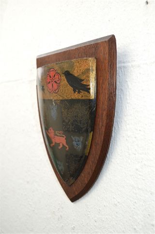 Antique Armorial Wall Shield Plaque Coat Of Arms Metal & Oak Ravens photo