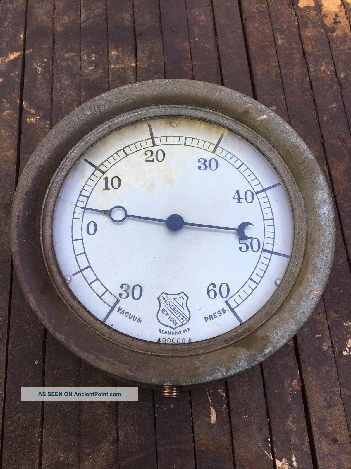Antique Brass Industrial Ashcroft Manufacturing Company Gauge | 7 - 3/8 