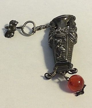 Antique Chinese Export Silver Charm Pendant Needle Case Figural Vase Sewing photo
