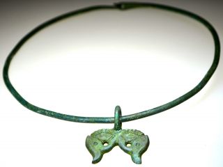 Roman Bronze Neck Torc With Fish ' S Heads Shaped Pendant Amulet photo