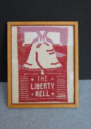 Liberty Bell Sampler Cross Stitch Vintage Red On White Framed 10 
