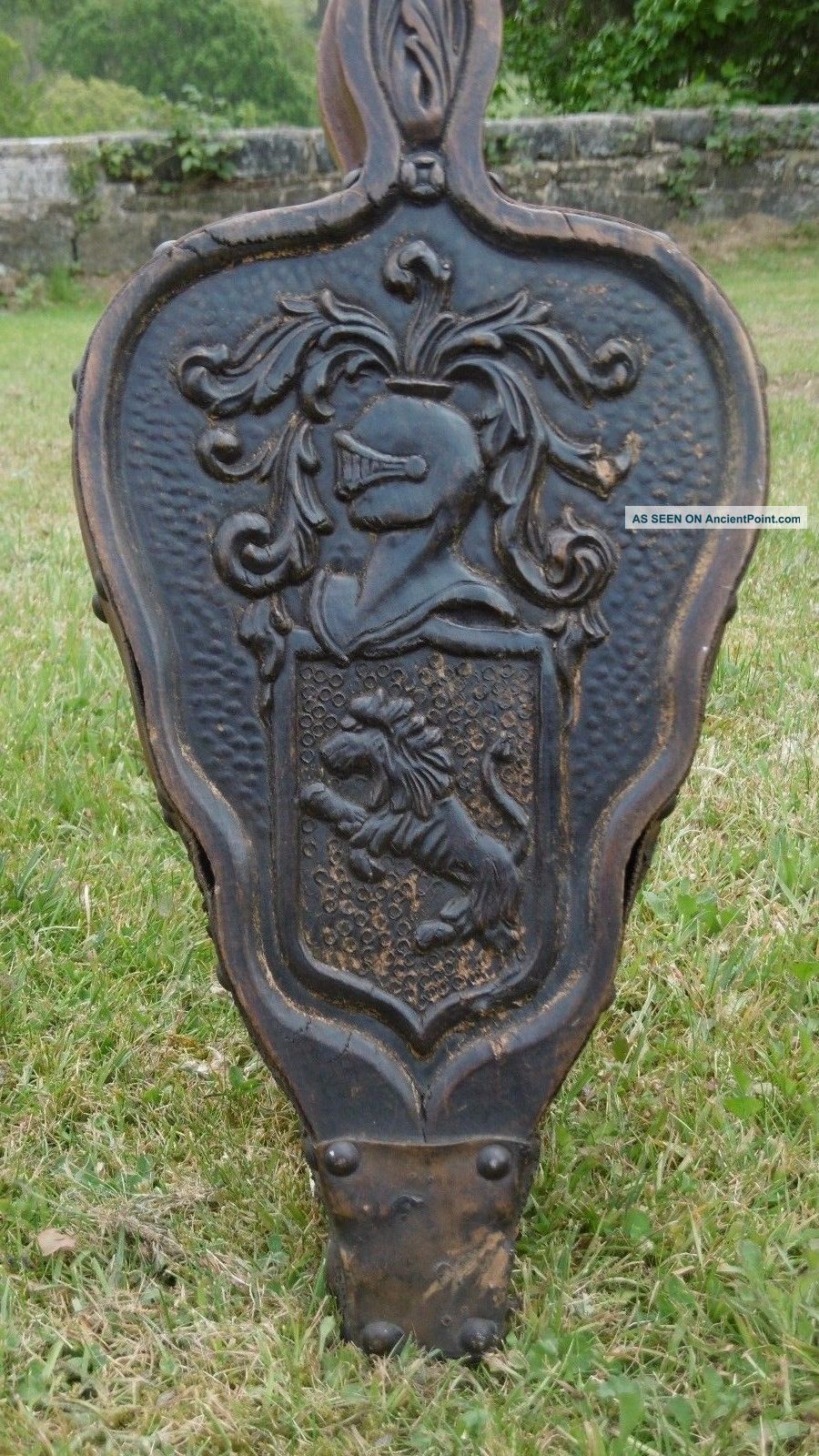 19thc Pr Gothic Black Forest Oak Fireside Bellows With Knight & Lion Other Antique Woodenware photo