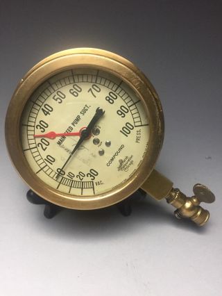 Antique Brass Jas.  P.  Marsh Corp Chicago Maritime Compound Pressure Gauge photo