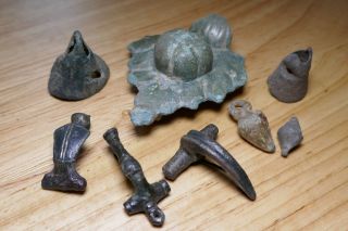 Roman Bronze Artefacts,  C1st Ad,  Bow Brooches,  Weights,  Bells & Harness Pendant. photo