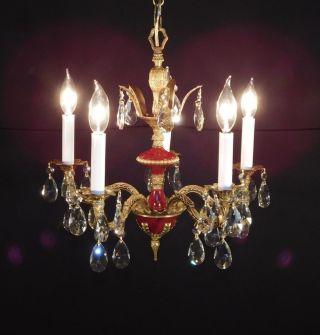 Antique French 5 Arm 5 Light Oxblood Empire Brass Cut Lead Crystal Chandelier photo