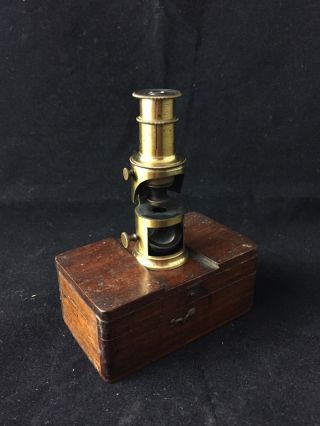 Antique Miniature Brass Drum Microscope With Mahogany Box 19th Century photo