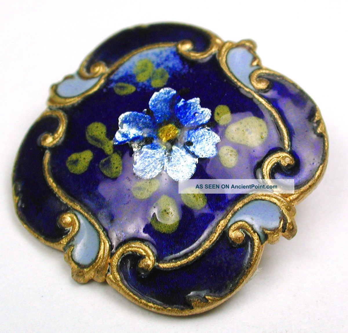 Antique Square Cobalt Enamel Button Flowers Over Foil W Fancy Brass Border 15/16 Buttons photo