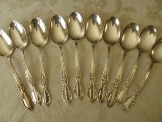 10 Tea Soup Spoons Wm Rogers Is Victorian Rose 1954 Vintage Silverplate photo