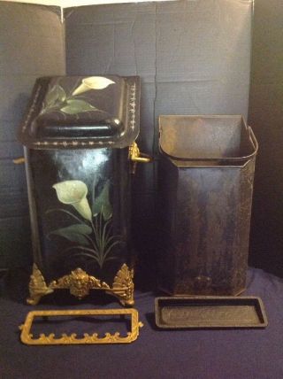 Antique Factory Floral Hand Painted Victorian Coal Scuttle Ash Bin Calla Lily photo