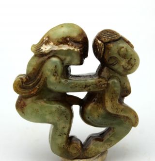 Chinese Hongshan Culture Old Green Jade Hand - Carved Man Woman Art Pendant H041 photo