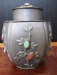 Old Chinese Pewter And White Bronze/metal Tea Caddy With Jade And Amber Tea Caddies photo 2