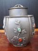 Old Chinese Pewter And White Bronze/metal Tea Caddy With Jade And Amber Tea Caddies photo 5