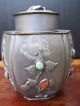 Old Chinese Pewter And White Bronze/metal Tea Caddy With Jade And Amber Tea Caddies photo 6