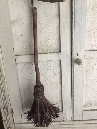 Rare Antique Child Size Primitive Handmade Shaved Broom Early Brown Calico Aafa photo