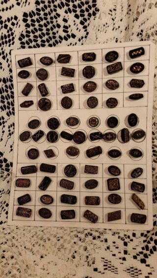 69 Victorian Black Glass/gold Luster Buttons On Collector ' S Card photo
