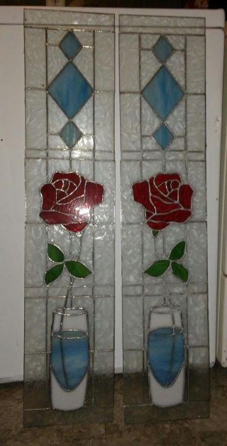 2 - (matching) Rose Pattern Stained Glass Windows.  Leaded.  36h X7w.  Ex. photo