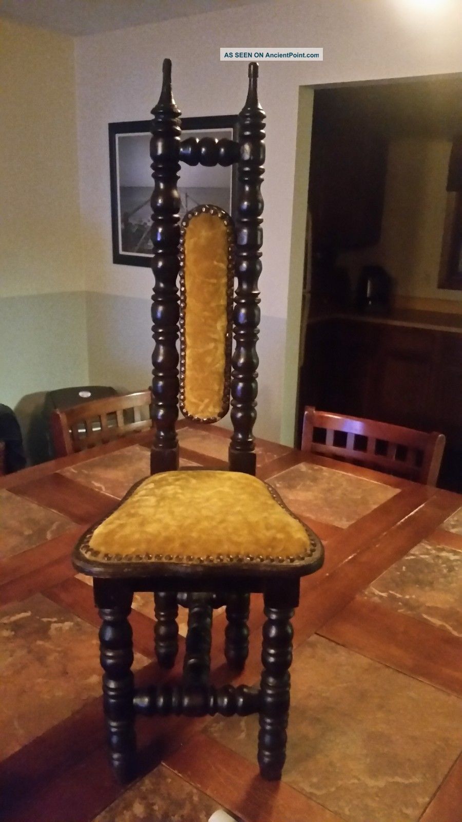 Antique Spanish Jacobean High Back Throne Chair Carved Gothic Medieval Velvet 1900-1950 photo