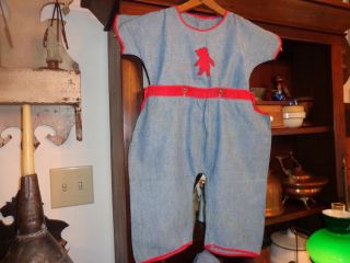 Vintage Antique Child ' S Blue Romper Outfit With Red Bear photo