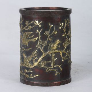 Old Copper Handwork Carved “magpie And Plum Blossom” Vase,  Qian Long Mark / 喜上眉梢 photo
