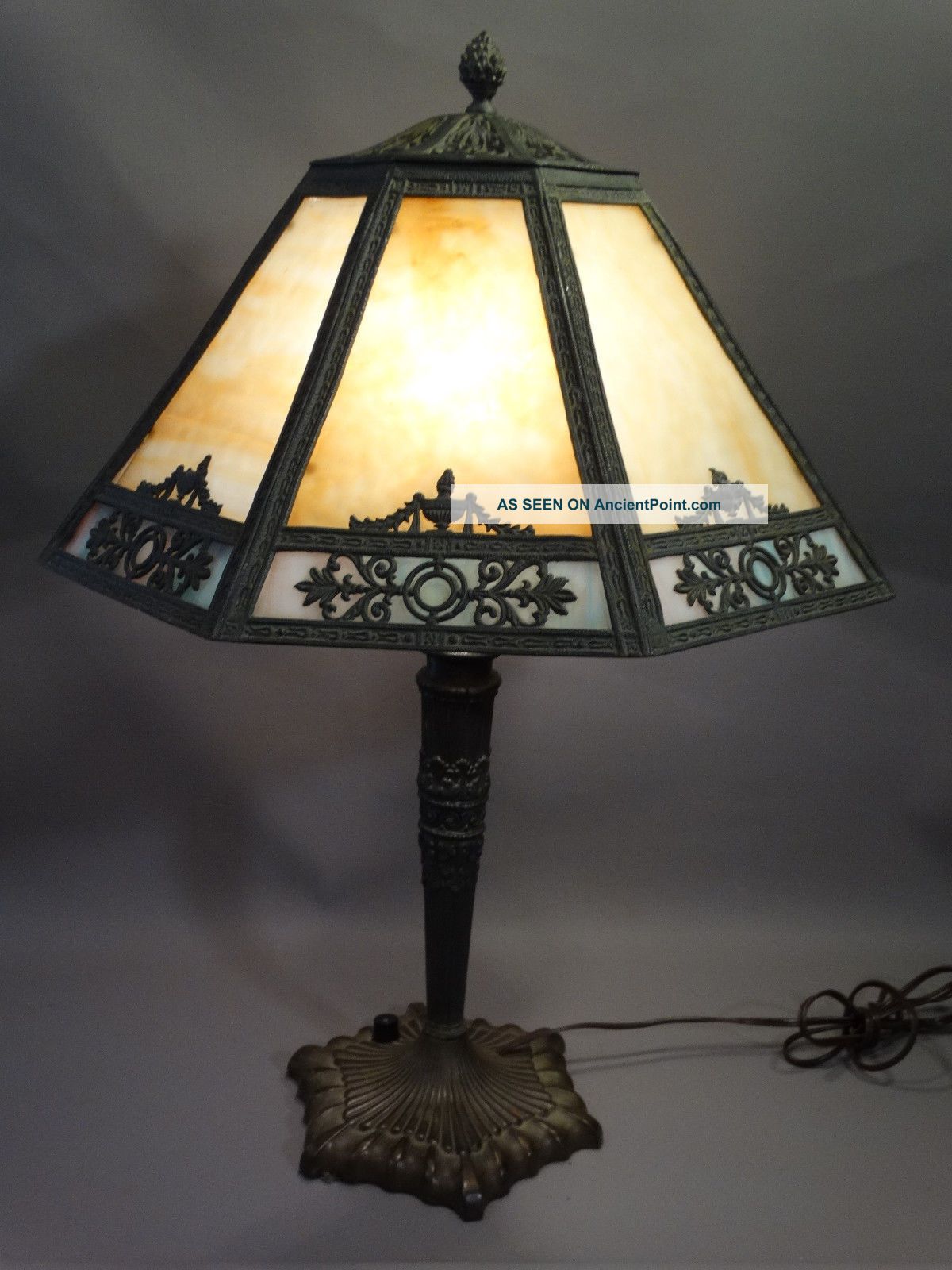 Antique Art Nouveau Era Slag Glass Metal Urn Filigree Bronzed Parlor Lamp Shade Lamps photo