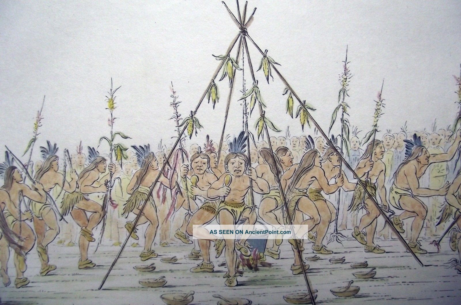 1842 G.  Catlin Handcol Engraving Native American Indians Green Corn Dance Native American photo