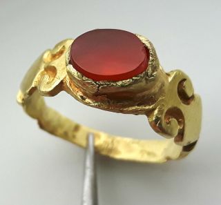 Pure Gold Roman Ring Ancient Ring With Carnelian Gem Stone Rare photo