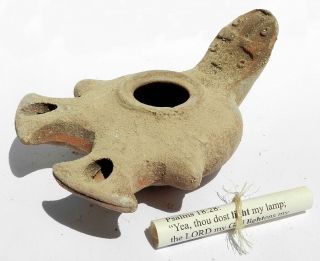 Oil Lamp Holy Land Ancient Herodian Roman Clay Pottery 2 Nozzles Adorned W Cross photo