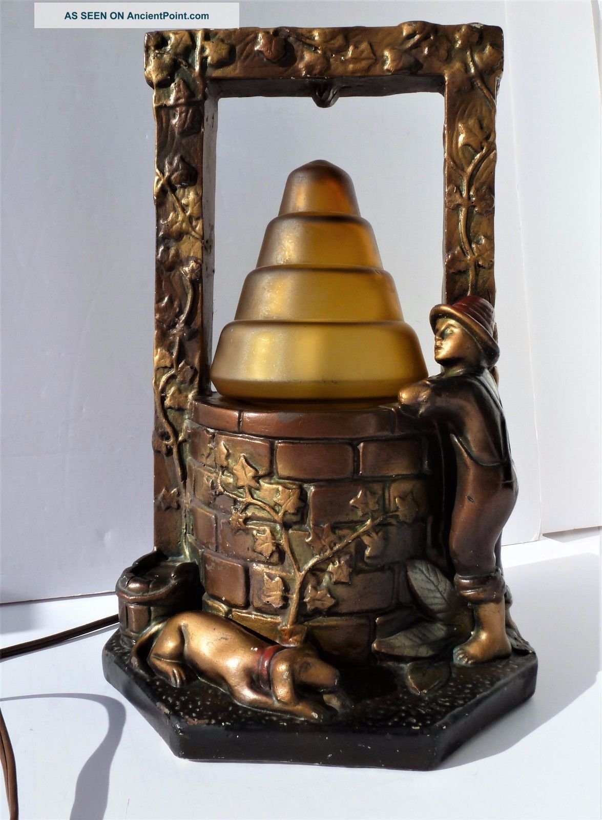 1930’s Antique Chalkware Wishing Well Lamp Amber Art Glass Globe - Very Rare Lamps photo