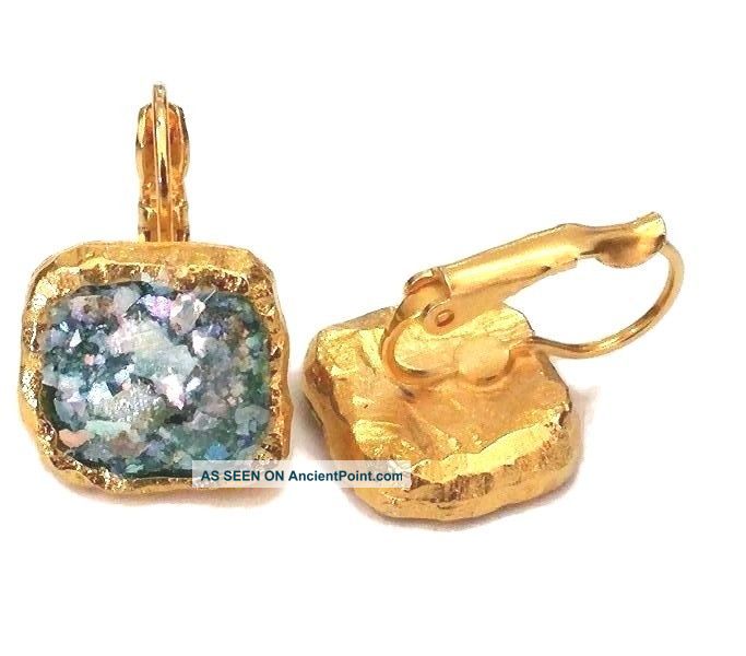 Roman Glass Fragments Ancient 200 B.  C Oval Gold P.  Earrings Roman photo