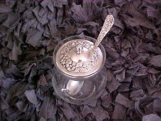 Stieff Etched Glass Sugar/condiment Bowl & Sterling Repousse Rose Cover & Spoon photo
