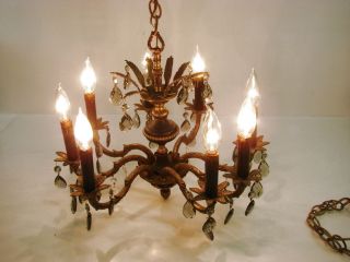 Antique Hanging Brass Chandelier Ornate 8 Arm Lights Crystal Ceiling Fixture photo
