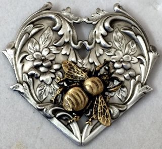 Bee On Flowing Art Nouveau Picture Button Sterling Overlay On Brass 2 1/2 