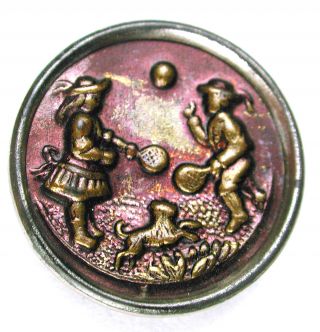 Antique Brass Button 2 Young Children & Dog Playing Scene - 11/16 