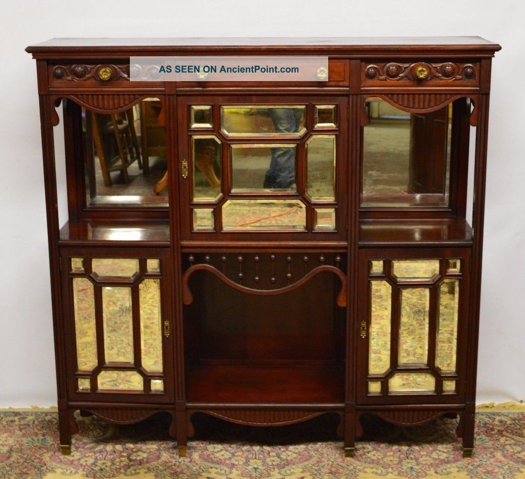 Antique Walnut Carved Mirrored Etagere Display Cabinet Tall Tv Stand Buffet 1900-1950 photo