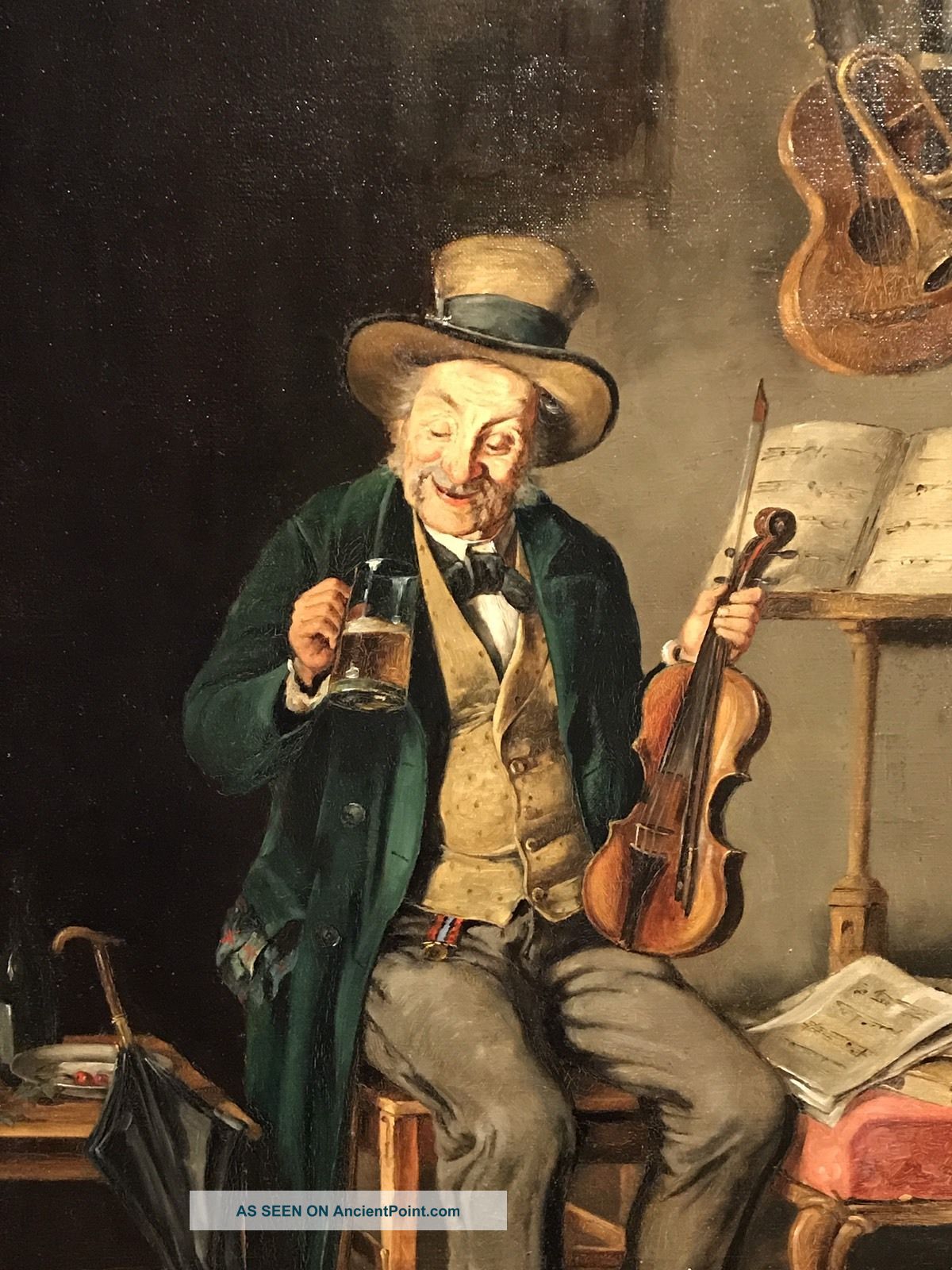 Fine European 19th Century Oil Violin Player Enjoying A Rest & Drink - Signed Wind photo