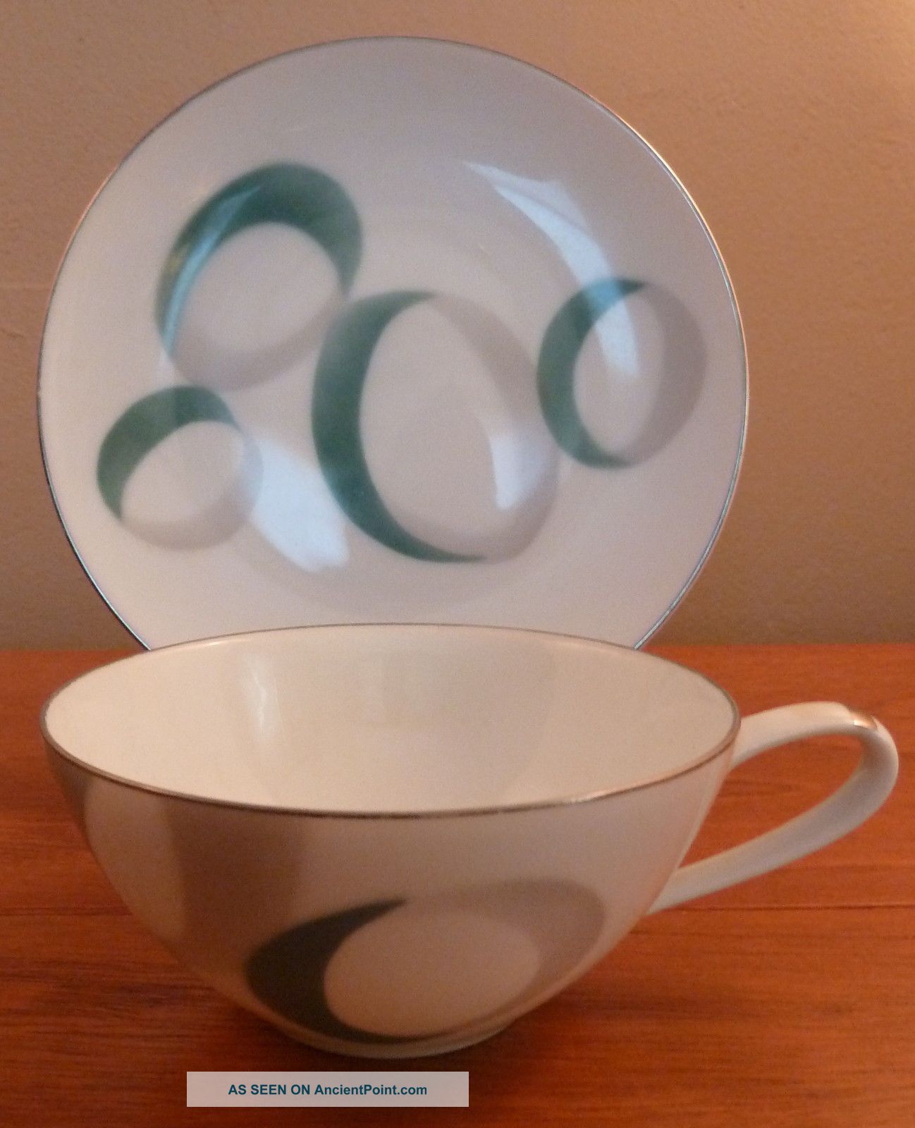 2 Noritake Mid - Century Abstract Gray And Green Circlular Bands Cups And Saucers Cups & Saucers photo