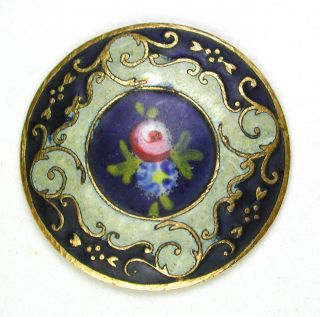 Antique French Enamel Button Hand Painted Rose W/ Cobalt & Cream Colors 7/8 