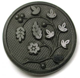 Antique Black Glass Button Detailed Berries & Leaves Matte & Glossy 1 & 3/16 