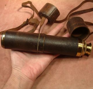 Antique Four Draw Powerful Telescope C1890 Brass & Leather. photo