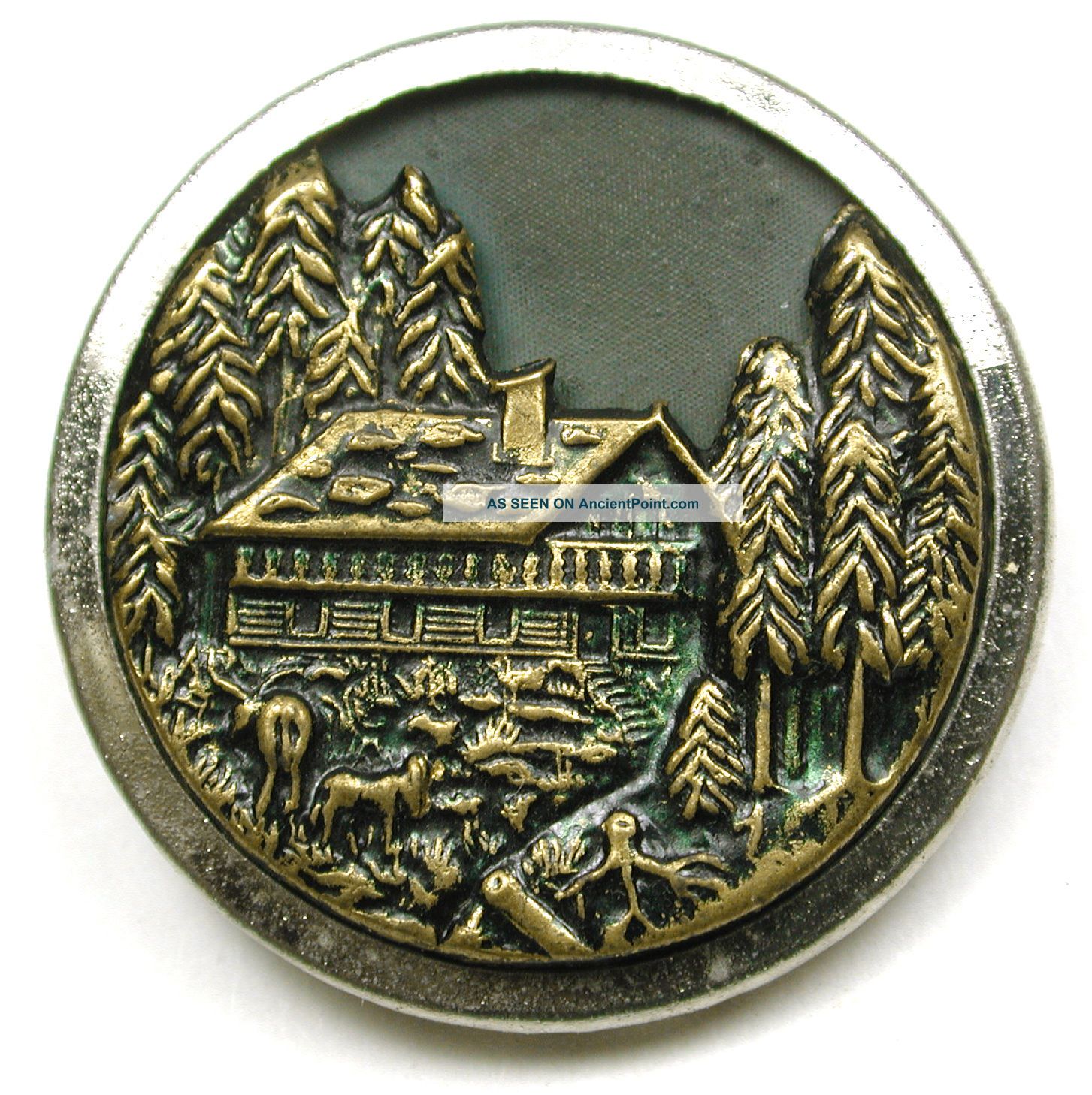 Antique Brass Button Detailed Cabin & Deer Scene - 1 & 3/16 