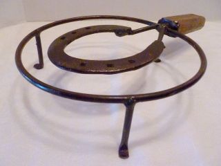 Antique Primitive Blacksmith Horseshoe Art Iron & Wood Hearth Trivet Pot Stand photo