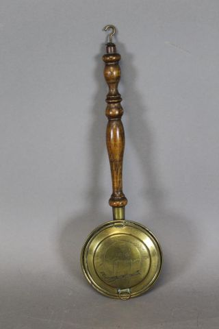 A Rare Miniature 18th C Brass Bedwarmer With An Engraved Owl Lid Handle photo