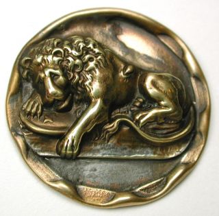 Lg Sz Antique Brass Button Detailed Sleeping Lion Scene - 1 & 7/16 