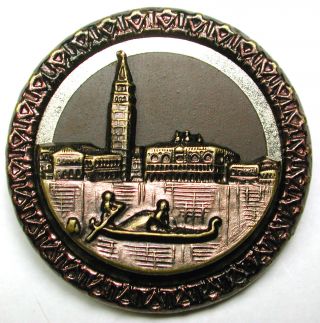 Lg Sz Antique Tinted Brass Button Detailed Gondola & Venice Scene 1 & 7/16 