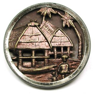 Antique Brass Button South Pacific Natives & Thatched Huts Scene - 1 & 3/16 