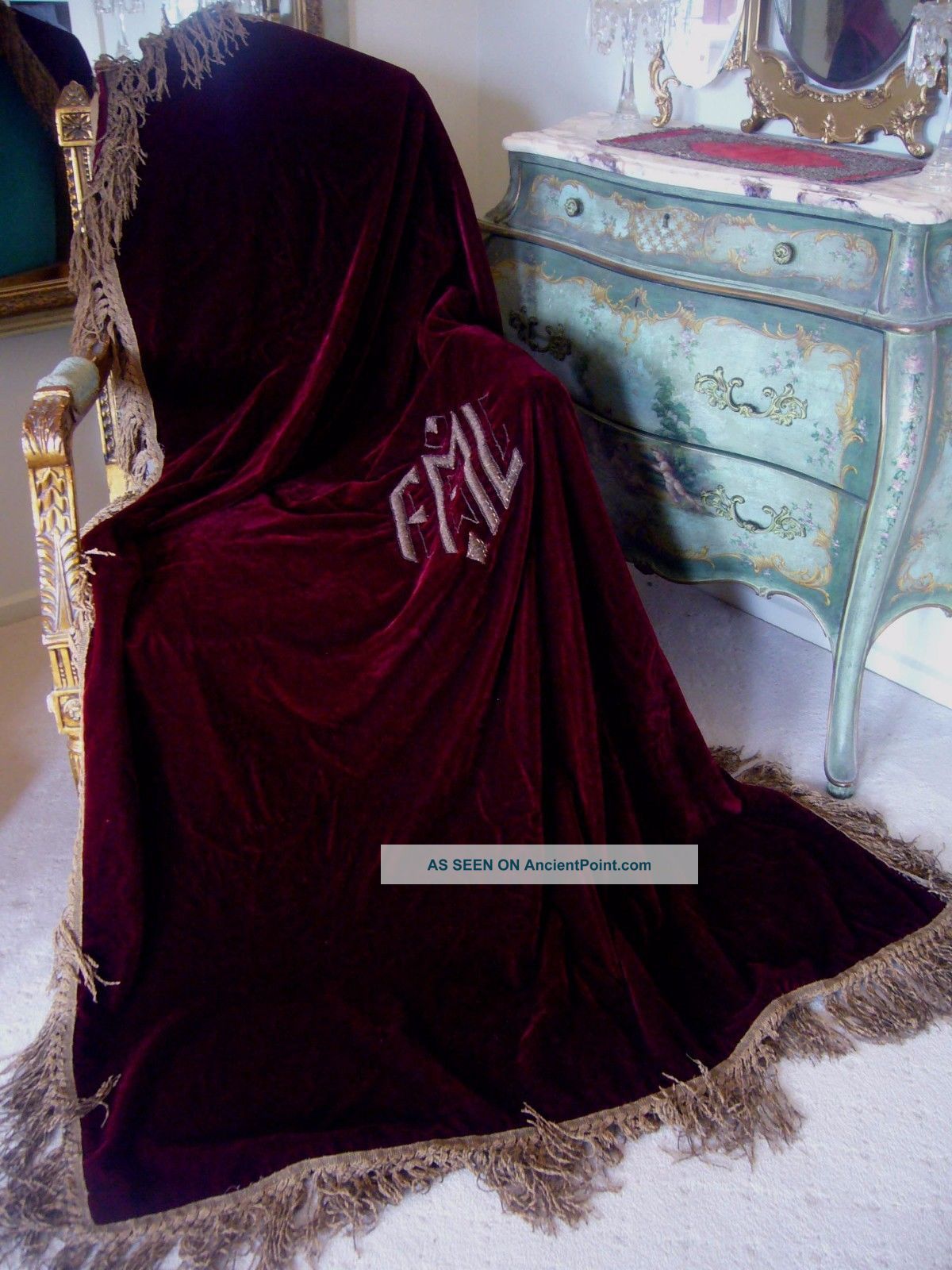 Rare French 1900 Bullion Silk Velvet Curtain Drape,  Pool Table Bedspread Cover Other Antique Textiles photo