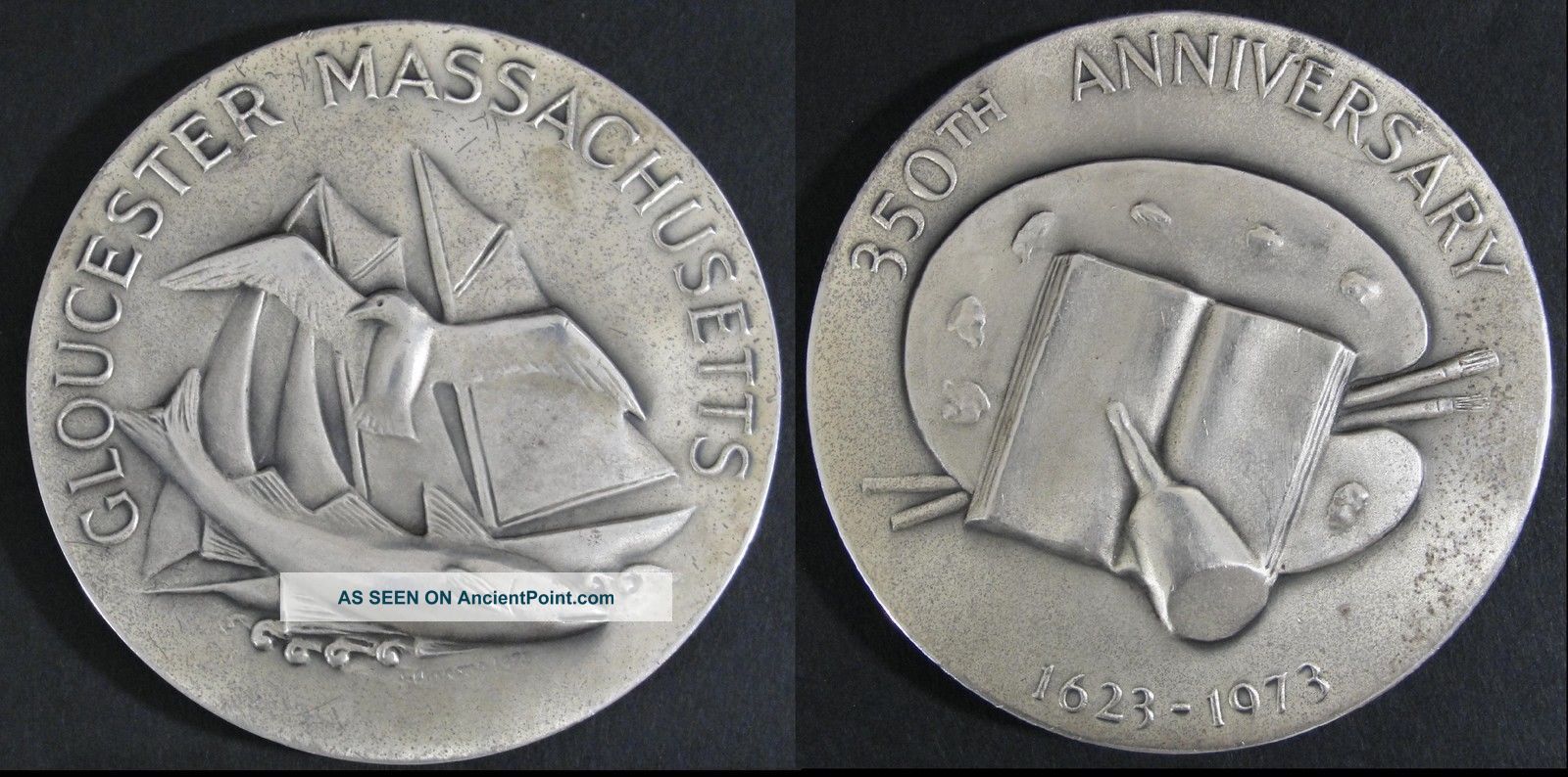 1973 Modernist George Aarons Massachusetts 350 Anniversary.  999 Silver Medallion Other Antique Sterling Silver photo