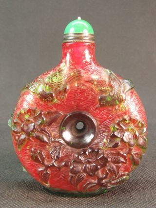 Big Chinese Flower Bird Carved Peking Overlay Glass Snuff Bottle photo