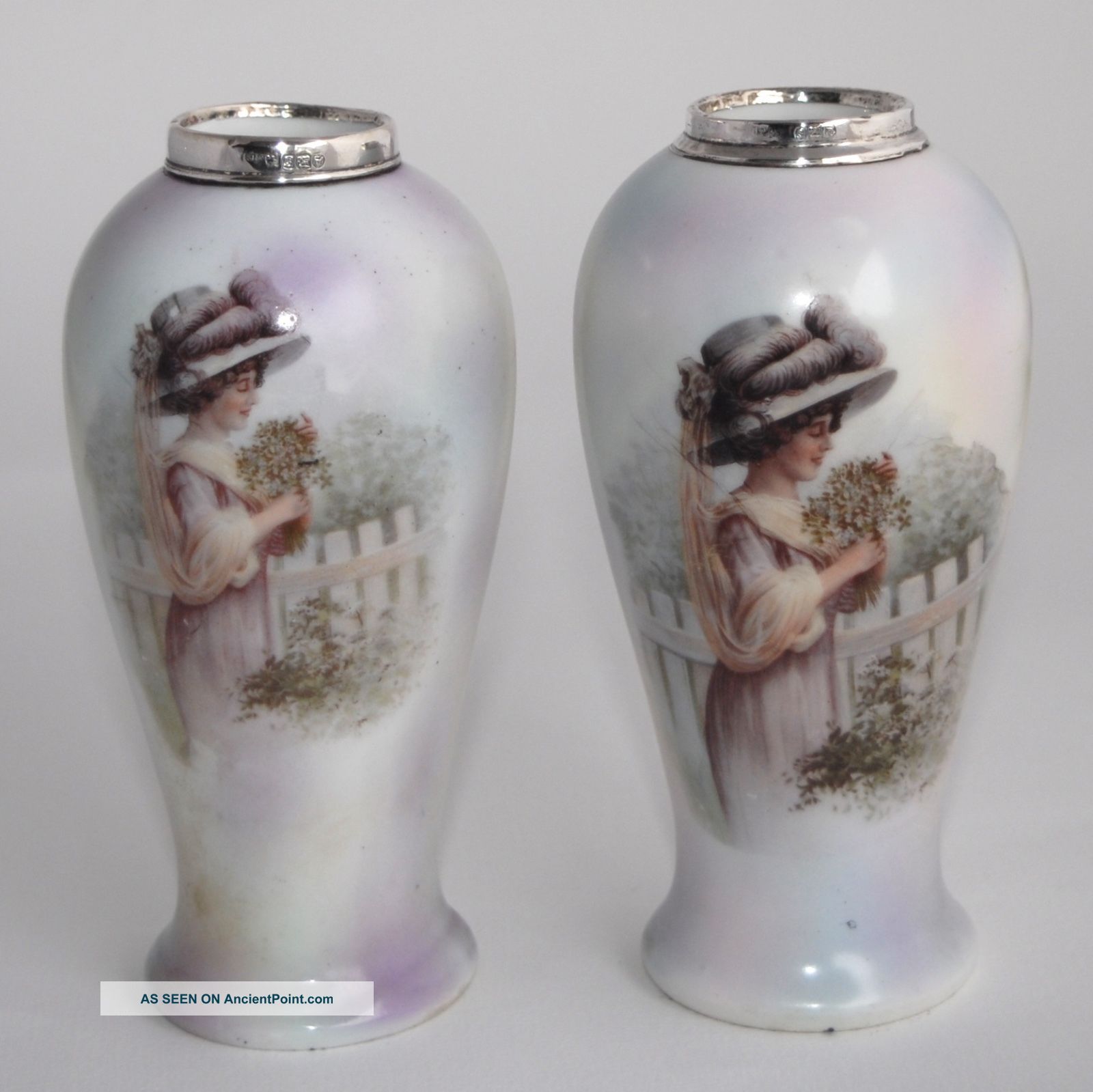 1913 Bud Vases W Sterling Silver Collars - Henry Perkins & Son - Lady Sterling Silver (.925) photo
